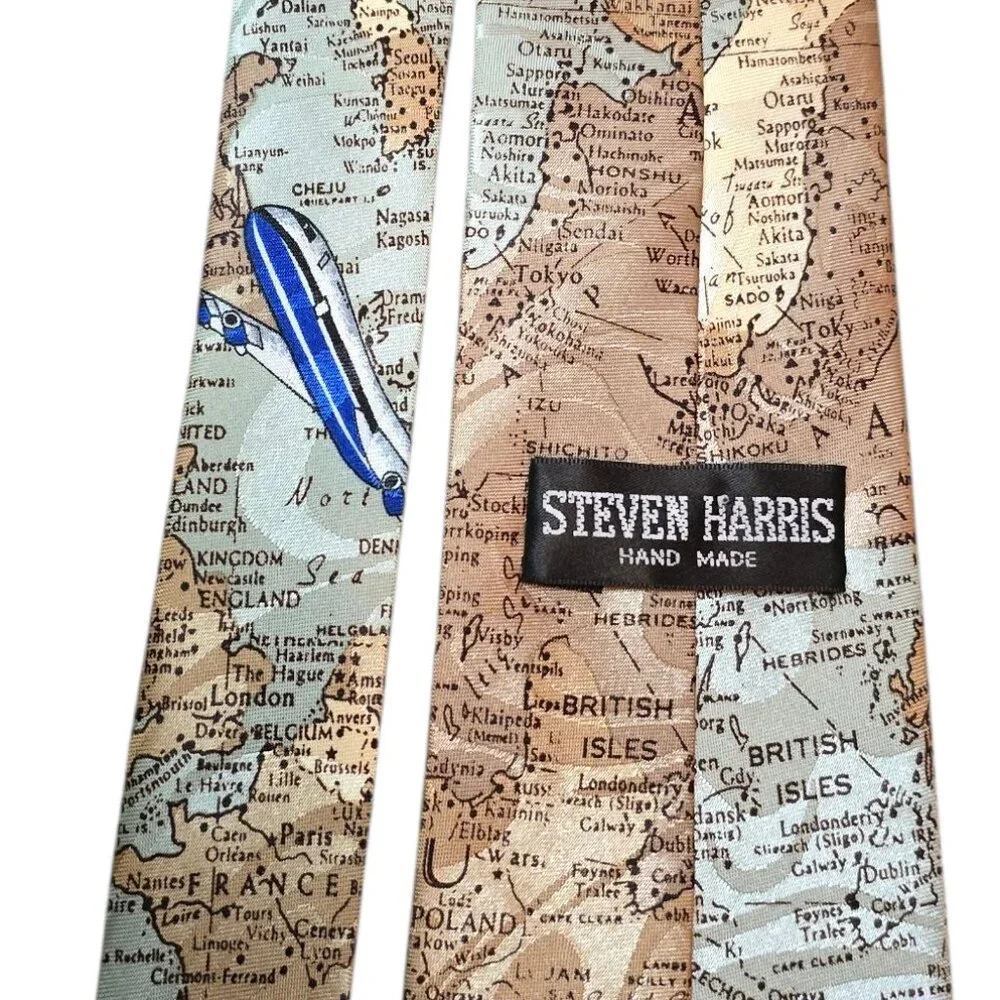 Vintage Airplane Map Tie Aviation Travel Novelty Necktie Pilot Flight Mens Tie